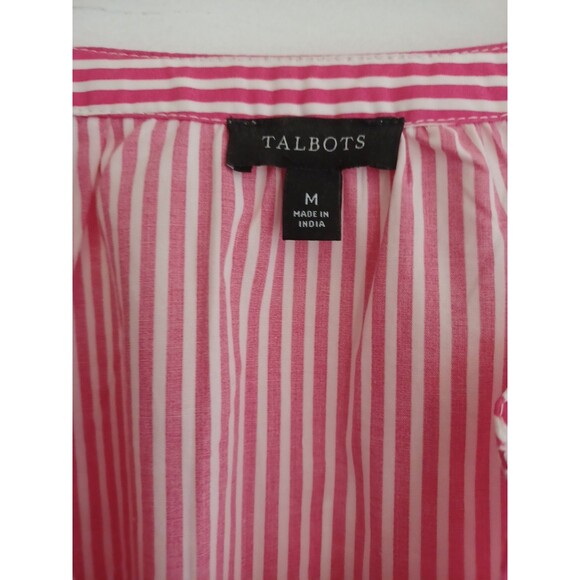 Talbots pink white stripe smocked cuff blouse M cotton popover updated preppy - Picture 3 of 8